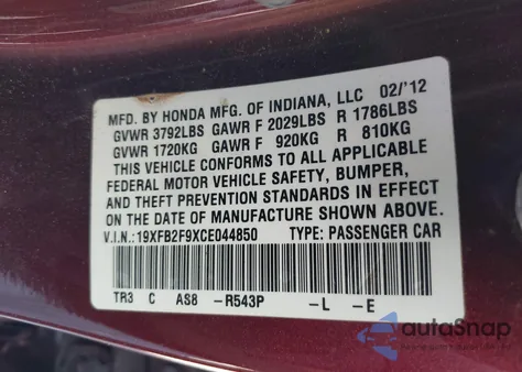 2012 Honda Civic Ex-L z USA, uszkodzony, nr VIN 19XFB2F9XCE044850